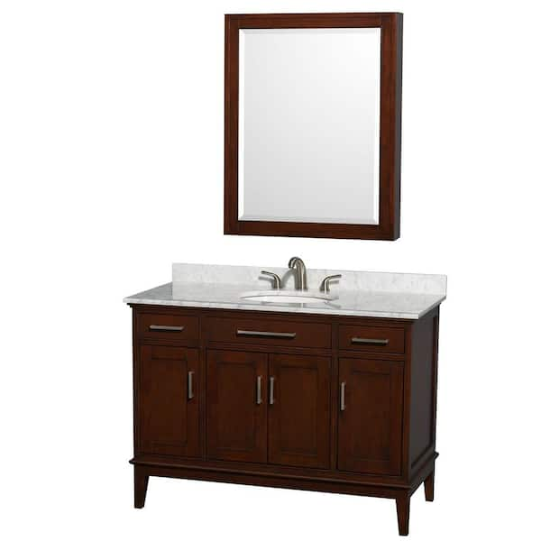 Wyndham Collection Hatton 48 in. Vanity in Dark Chestnut with Marble Vanity Top in Carrara White, Sink and Medicine Cabinet