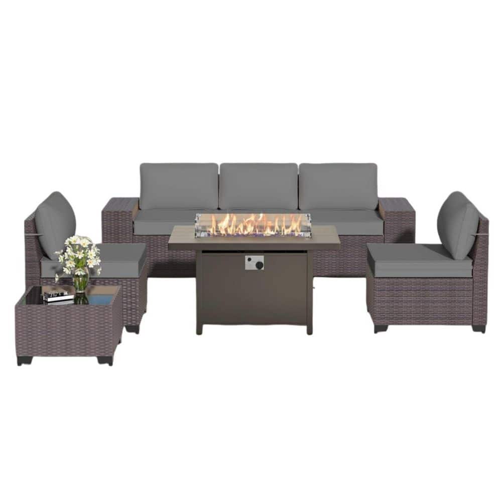 7-Piece Wicker Patio Conversation Set with Aluminum Fire Pit Table,Glass wind guard and Gray Cushions price history on PriceWatchPro