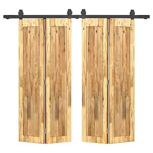 68 in. x 84 in. 1-Panel Shaker Hollow Core Weather Oak Pine Wood Double Bi-fold Door with Barn Door Hardware Kit