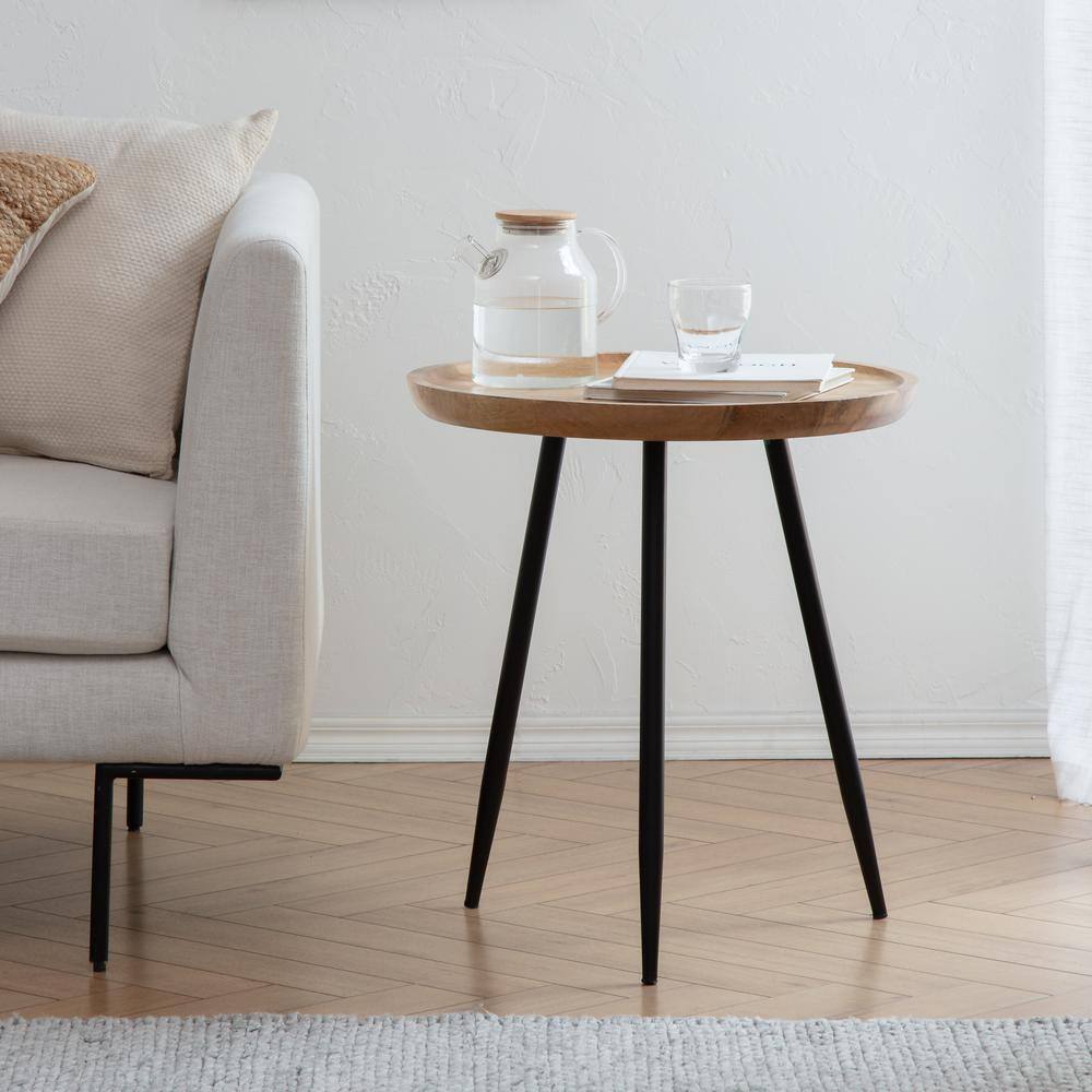 Small Round Black and Natural Wood Metal Side Table