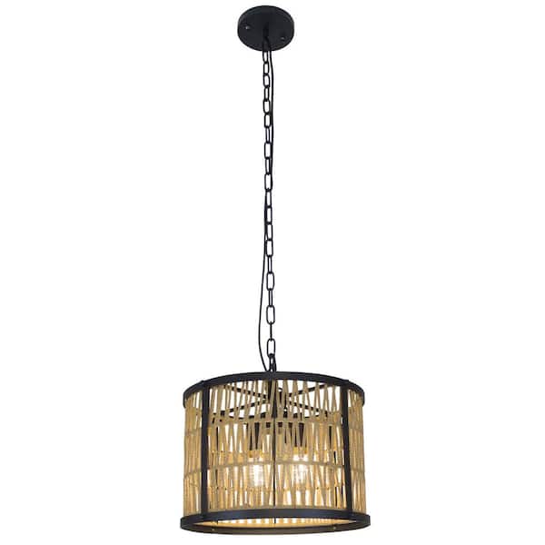 OUKANING 15.7 in. 25 -Watt 4-Light Black Hand-Woven Rope Shaded Pendant Light with Rattan Shade, No Bulbs Included