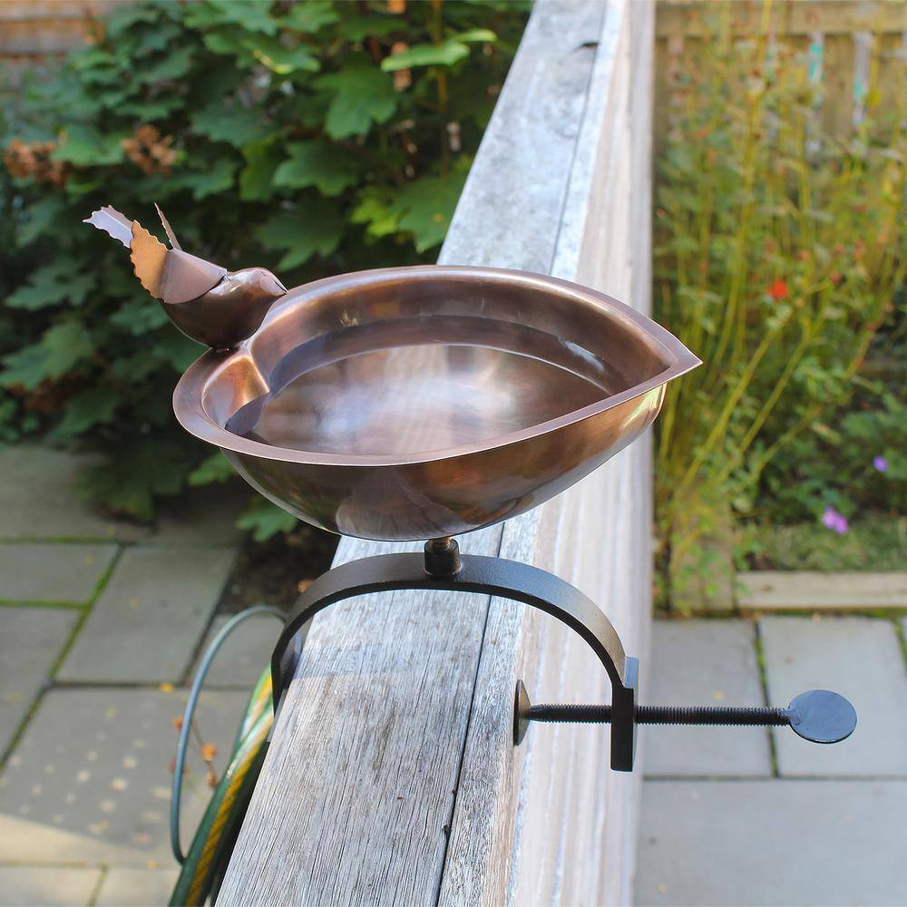 Heart Shaped Copper and Black Metal Birdbath with Rail Bracket