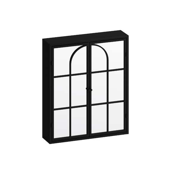 FUNKOL 6 in. W x 24 in. D x 28 in. H Vintage Double Door Bathroom Storage Wall Cabinet with Mirror in Black