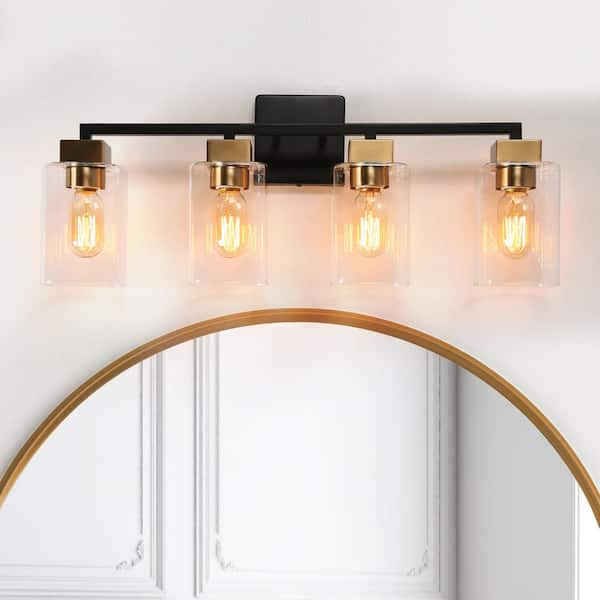 Zevni 25 in. 4-Light Brass Modern Bathroom Vanity Light, Clear Glass Black Bath Lighting, Farmhouse Indoor Wall Sconce