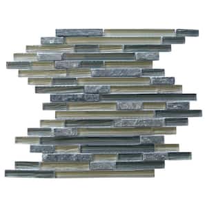 Midcentury Linear Green 12 in. x 12 in. Glass and Stone Wall and Pool Mosaic Tile (1 sq. ft./Case)
