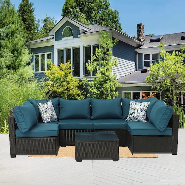 Runesay Outdoor Dark Coffee 7-Piece Wicker Patio Conversation Set with Peacock Blue Cushions and Pillows
