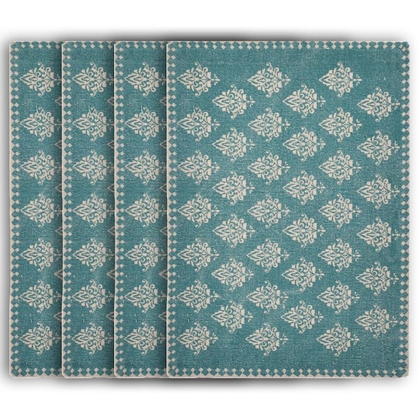Fairytale 19 in. x 13 in. Teal / Cream Damask Cotton Placemats (Set of 4)