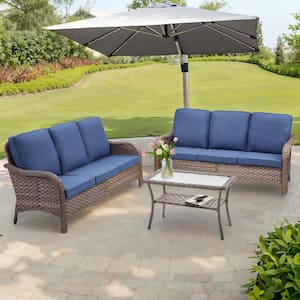 Nyajiah Brown 3-Piece Wicker Outdoor Patio Sofa Couch with Blue Cushions, Coffee Table