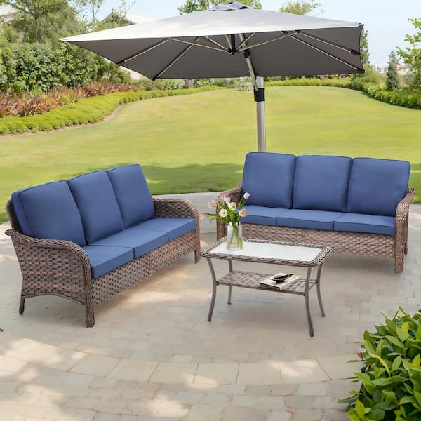 Brown 3-Piece Wicker Outdoor Patio Sofa Couch with Blue Cushions, Coffee Table