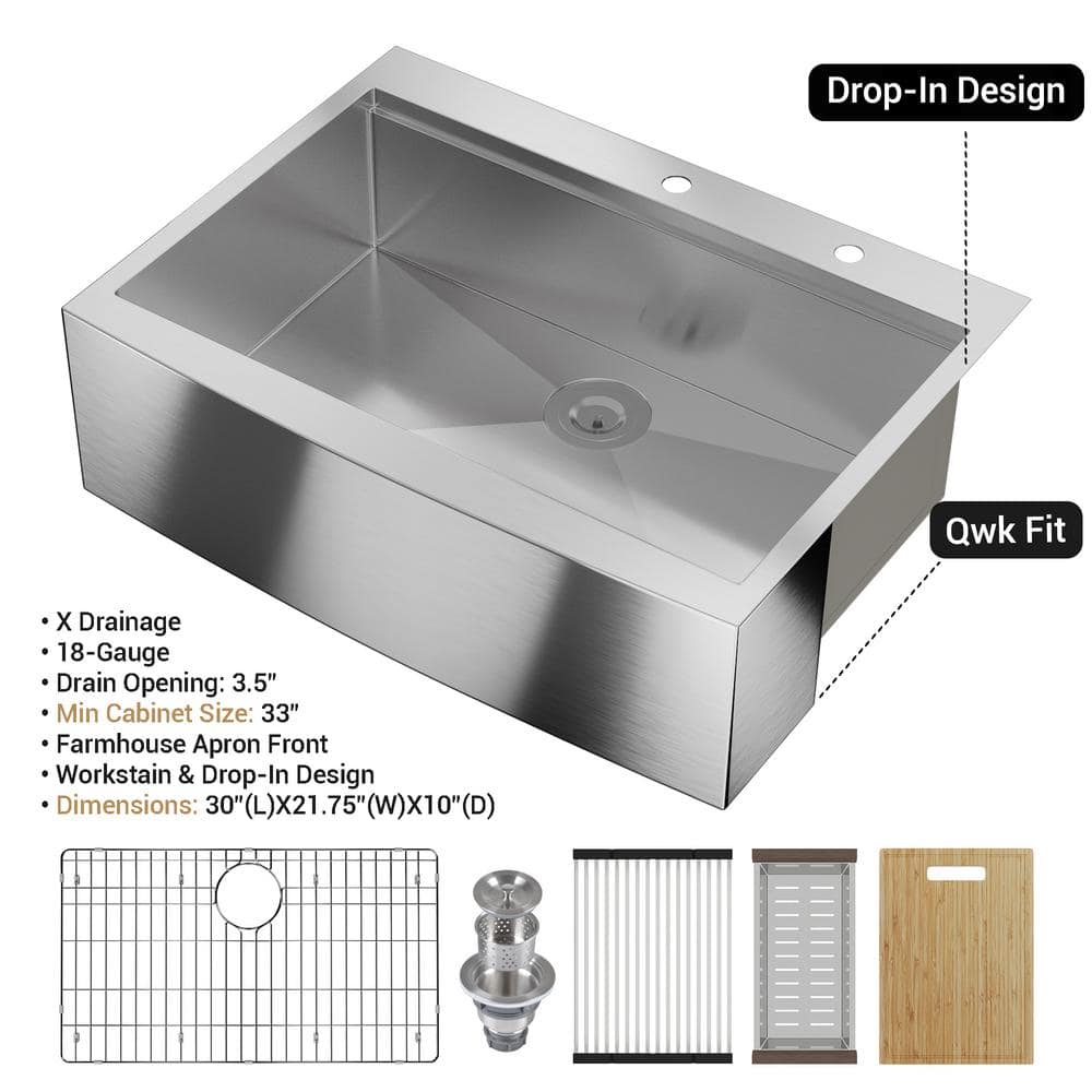 30" Stainless Steel Farmhouse Drop-In Single Bowl Kitchen Sink with Accessories