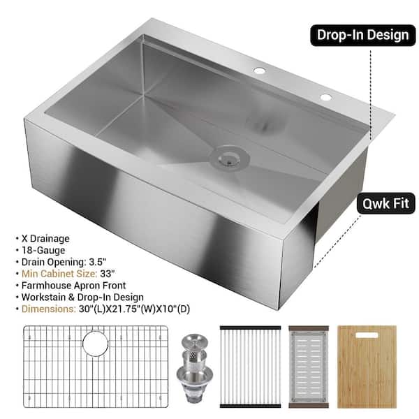 30 in. Drop-In/Undermount Stainless Steel 2-Hole Single Bowl Farmhouse Apron Workstation Kitchen Sink with Accessories