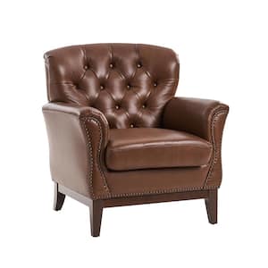 Bud Traditional Genuine Brown Leather Accent Chair with Solid Wood Legs and Nailheads