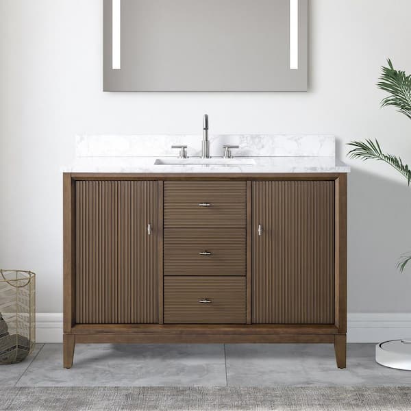 Vanity Art 48 in. W Single Sink Freestanding Walnut Bath Vanity Cabinet with Arabescato White Engineered Marble Top
