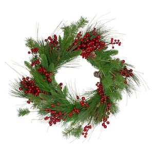 34in Cypress Artificial Wreath with Berries and Pine Cones
