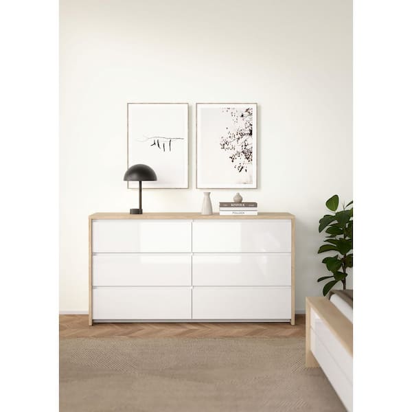 Tvilum Next Jackson Hickory/White High Gloss 6 Drawer 61.85 in. W