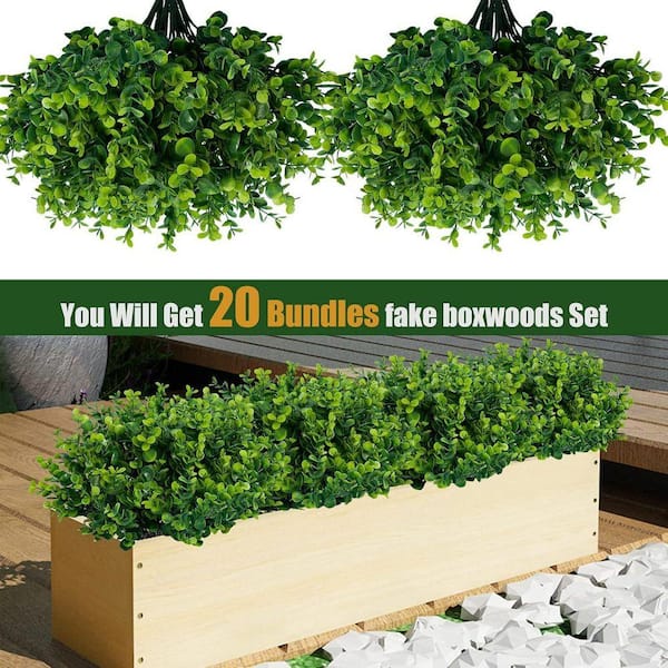 13 in Green Outdoor Artificial Plant Boxwood Shrub, 20 Bundles