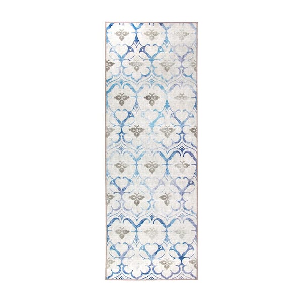 Leilani Damask Beige Blue 2.5 ft. x 7 ft. Machine Washable Runner Rug