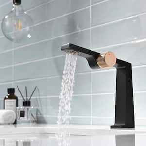 Single Handle Single Hole Bathroom Faucet in Black with Rose Gold