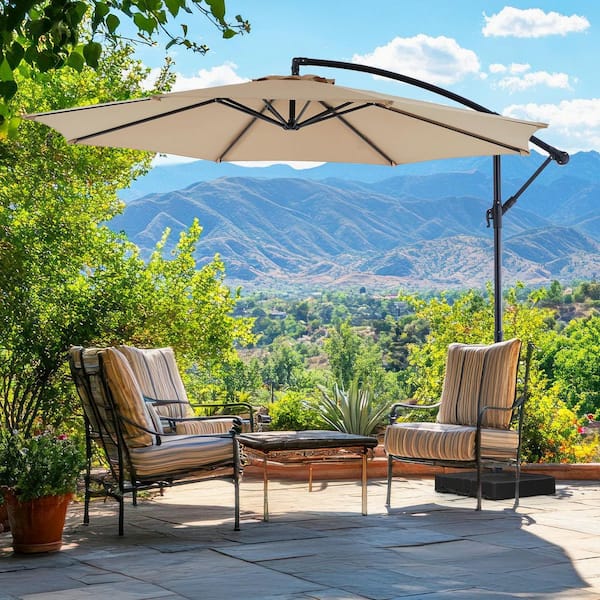 Unbranded 9.8 ft. Offset Patio Umbrella Hanging Cantilever Umbrella, Beach Umbrella with 8-Ribs in Khaki (Base Not Included)