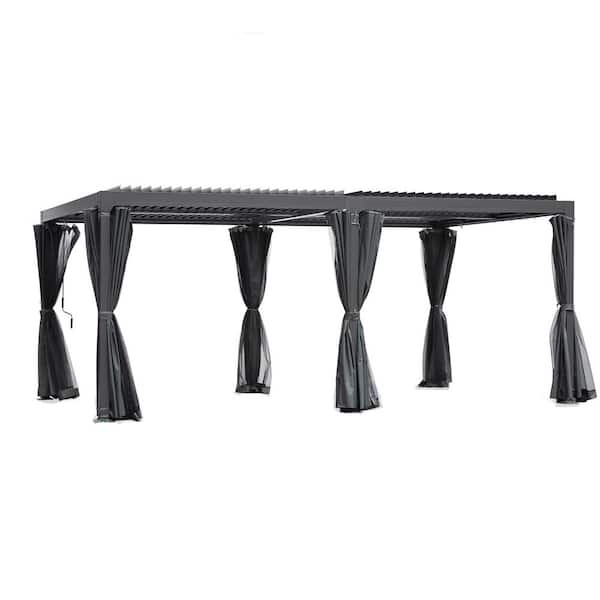 10 ft. x 20 ft. Outdoor Louvered Pergola with Adjustable Aluminum Rainproof Roof with Curtains and Netting, Black