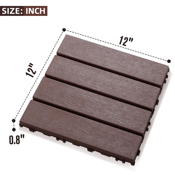 12 in. W x 12 in. L Outdoor Striped Pattern Square Plastic Interlocking Flooring Deck Tiles (44-Pack) in Brown