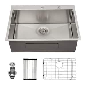 Brushed Nickel 16 Guage Stainless Steel 33" W Single Bowl Drop-In Kitchen Sink with Two Faucet Holes