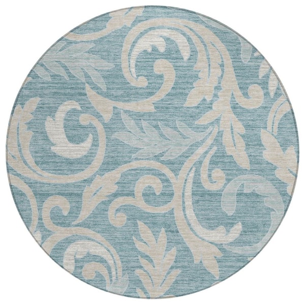 Chantille Machine Washable Indoor/Outdoor Abstract ACN3102 Teal 8 ft. x 8 ft. Round Rug