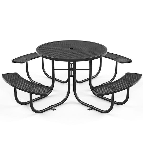 46 in. Black Rectangle Steel Outdoor Picnic Tables, Seats 4-8 People with Umbrella Hole for Garden