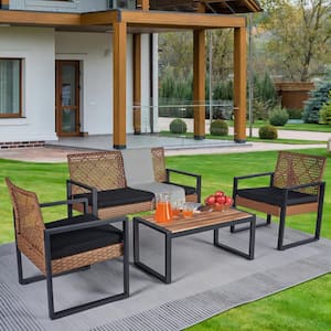 4 Piece Rattan Outdoor Patio Furniture Set Garden Backyard Lawn Furniture Acacia Wood Tabletop with Black Cushions