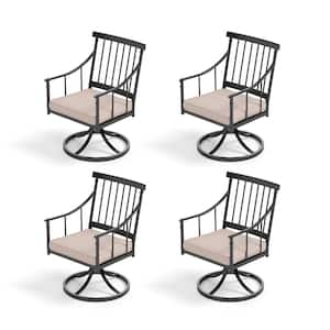 Black Metal Swivel Stylish Patio Outdoor Dining Chair with Beige Cushion (4-Pack)