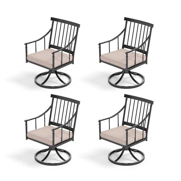 PHI VILLA Black Metal Swivel Stylish Patio Outdoor Dining Chair with Beige Cushion (4-Pack)