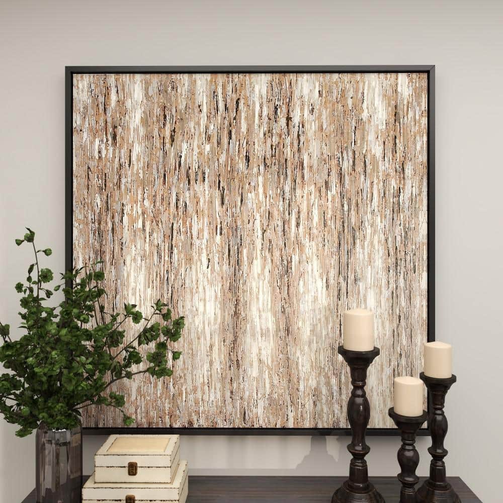 47" x 47" White and Beige Abstract Canvas Art with Black Frame