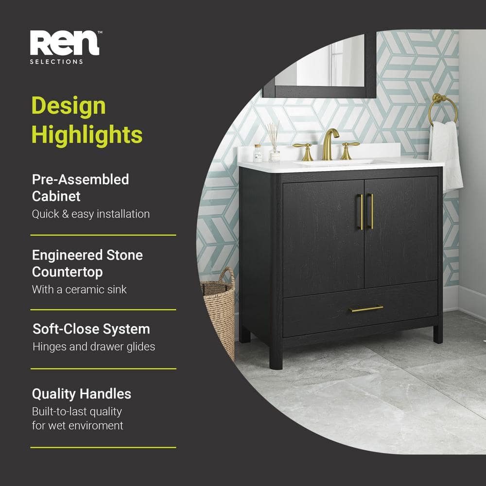 Dario 36" Ebony Wood Freestanding Bathroom Vanity with Marble Countertop