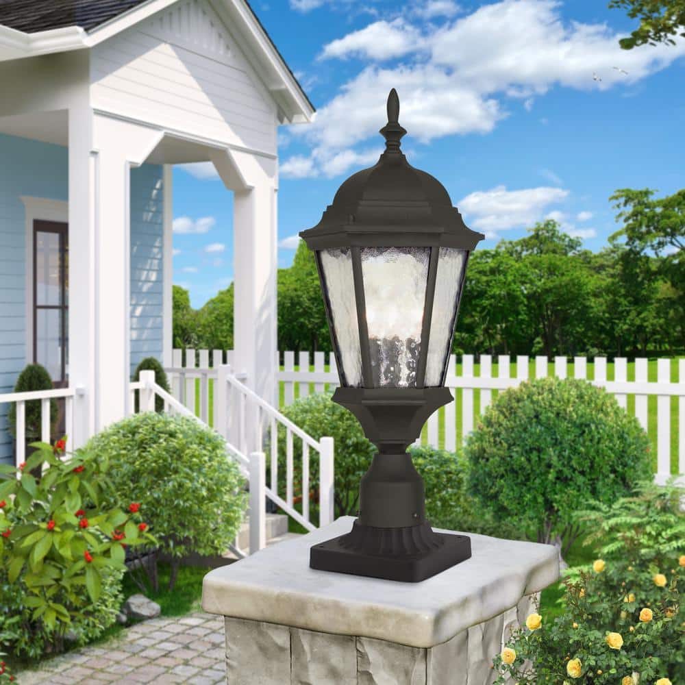 Hamilton Textured Black 3-Light Outdoor Post Lantern with Clear Water Glass