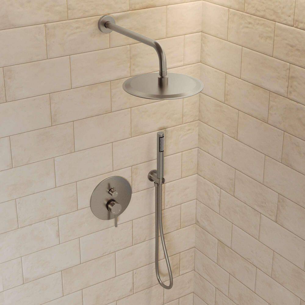 Pressure Balance Wall Mount 10 in. Round Double Handle 2-Spray Shower Faucet 2.5 GPM with Anti Scald in Brushed Nickel price history on PriceWatchPro