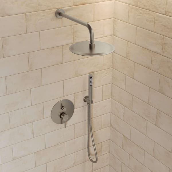 Pressure Balance Wall Mount 10 in. Round Double Handle 2-Spray Shower Faucet 2.5 GPM with Anti Scald in Brushed Nickel