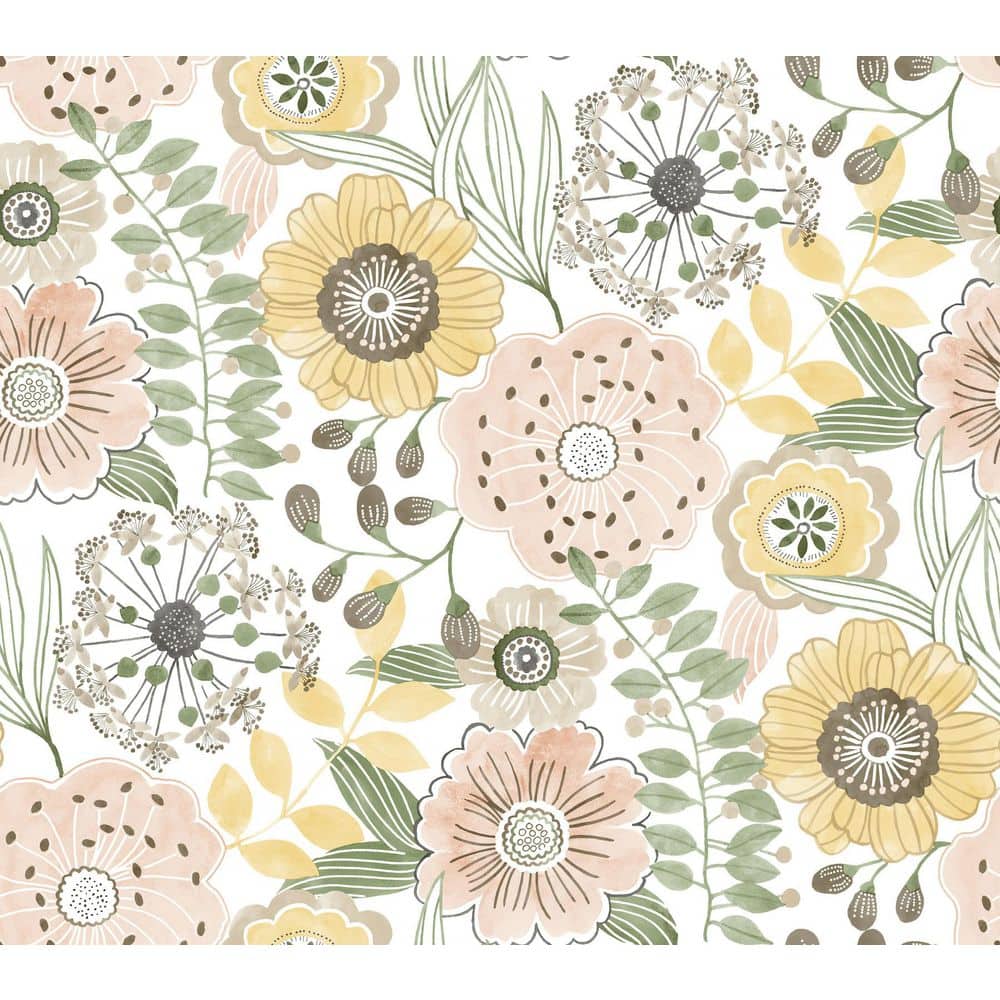 ❀yk❀ York Wallcoverings Yellow Artistic Bouquet Coral and Lemon