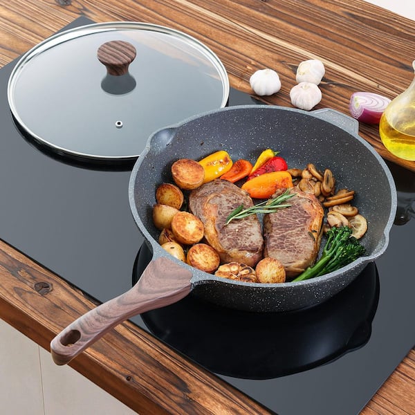 Wudkey 12 in. Aluminum Nonstick Frying Pan with Lid Stay-cool