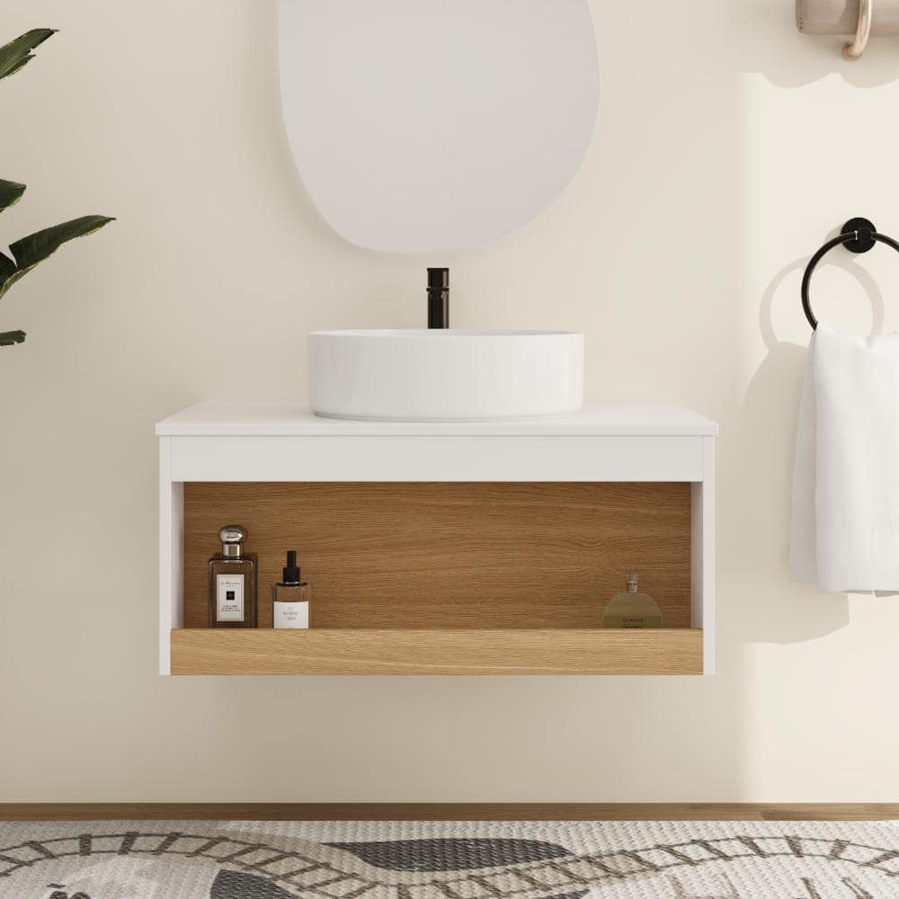 29.53 in. W x 19.69 in. D x 17.95 in. H Wall Mounted Bath Vanity in Light Oak with White Ceramic Vanity Top price history on PriceWatchPro