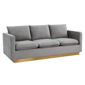 Nervo 83" Mid-Century Modern Upholstered Velvet 3-Seater Sofa With Gold Frame in Light Grey