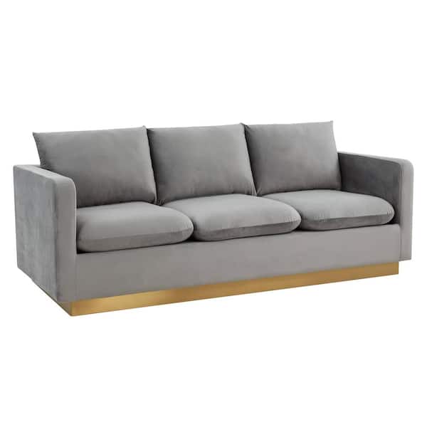 Leisuremod Nervo 83" Mid-Century Modern Upholstered Velvet 3-Seater Sofa With Gold Frame in Light Grey