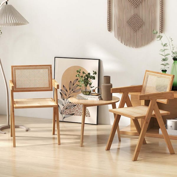 Natural Rattan Accent Chairs Mid-Century Dining Armchair Bamboo Frame Kitchen (Set of 2)