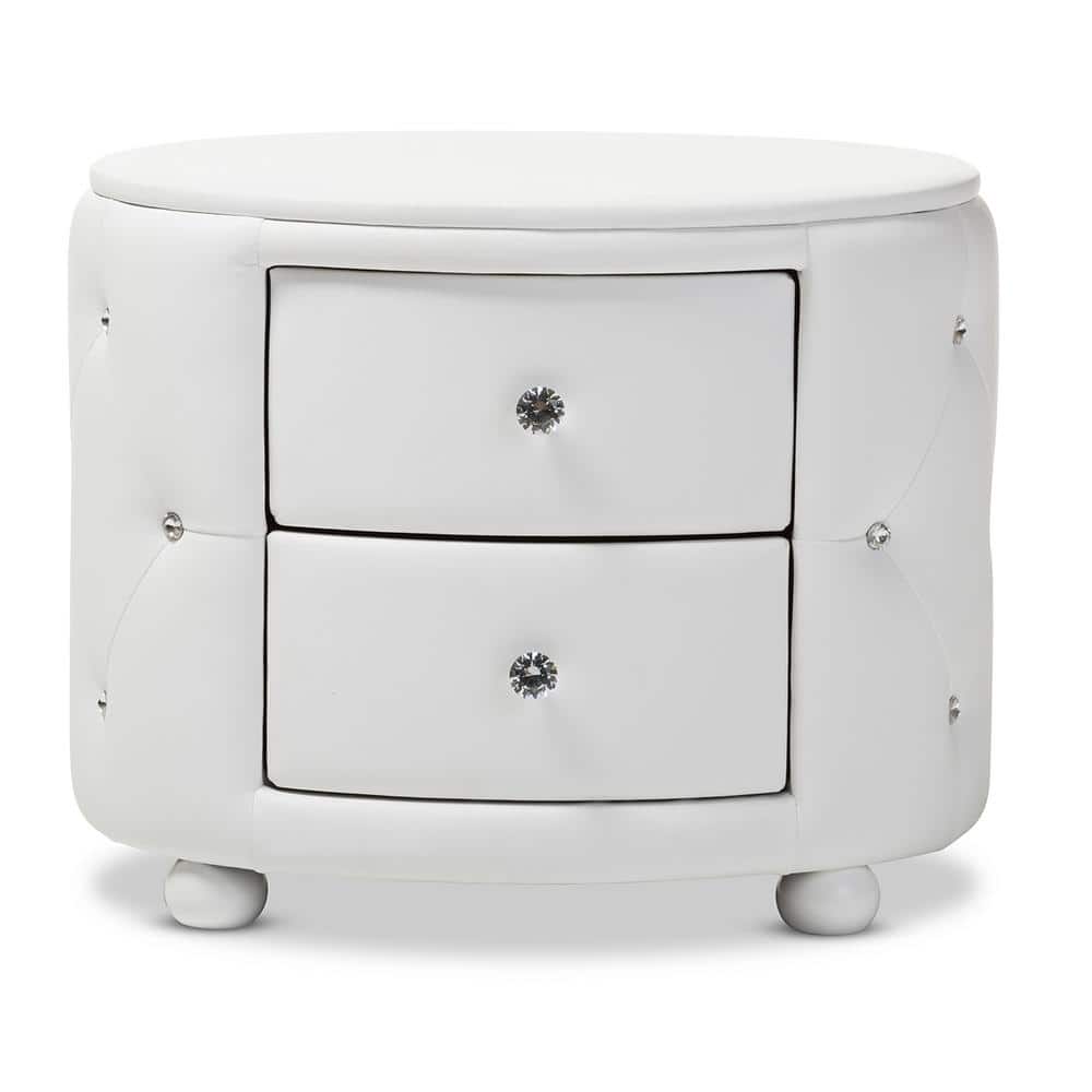 Davina Oval White Faux Leather Glamour Nightstand with Crystal Accents