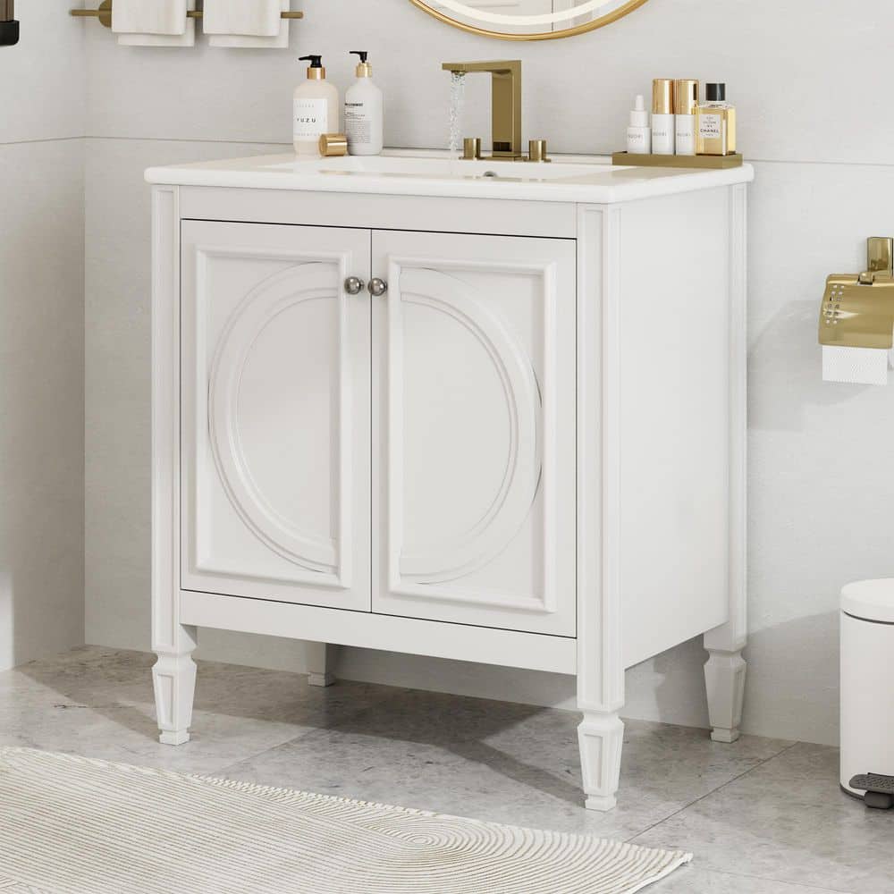 30 in. Single Sink Freestanding White Bath Vanity with White Ceramic Top, Adjustable Shelf, 2 Soft Closing Door price history on PriceWatchPro