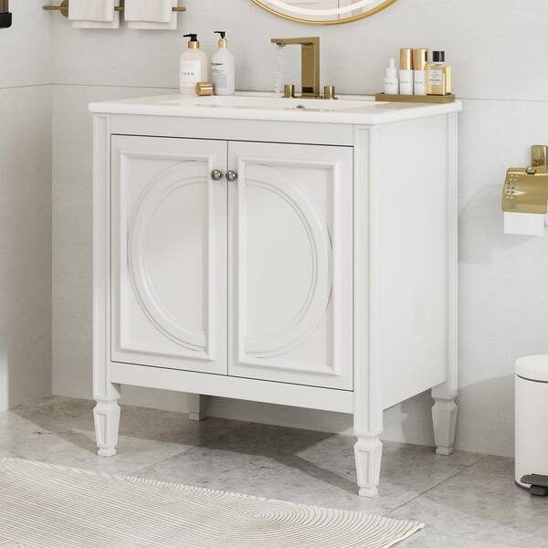 30 in. Single Sink Freestanding White Bath Vanity with White Ceramic Top, Adjustable Shelf, 2 Soft Closing Door