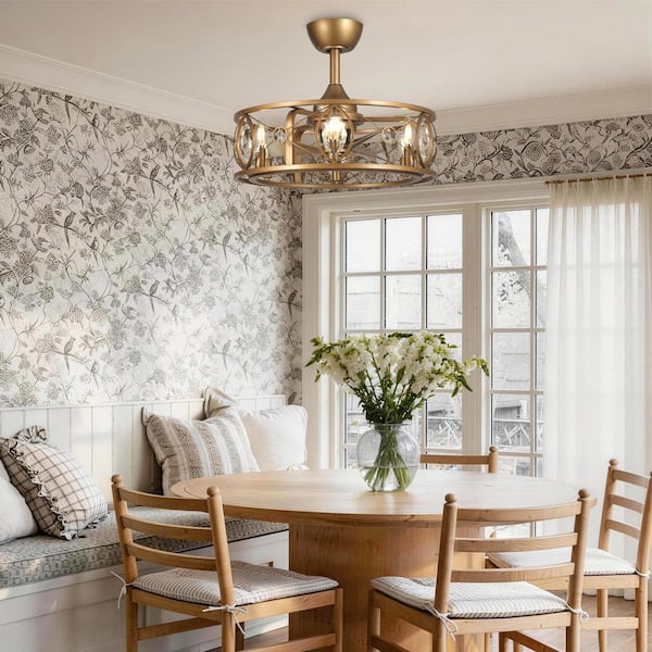 22 in. Indoor Brass Gold Crystal Caged Ceiling Fan Chandelier with Light Kit and Remote Control