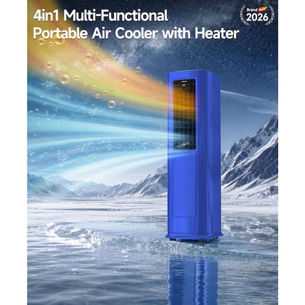 4in1 Portable Air Conditioner Cools 9,000 (DOE) BTU, 800 sq.ft. with Heat, Dehum, Control, Drain Free, Auto Speed (Blue)