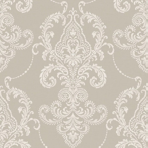 Valda Beige Embroidered Damask Wallpaper Sample