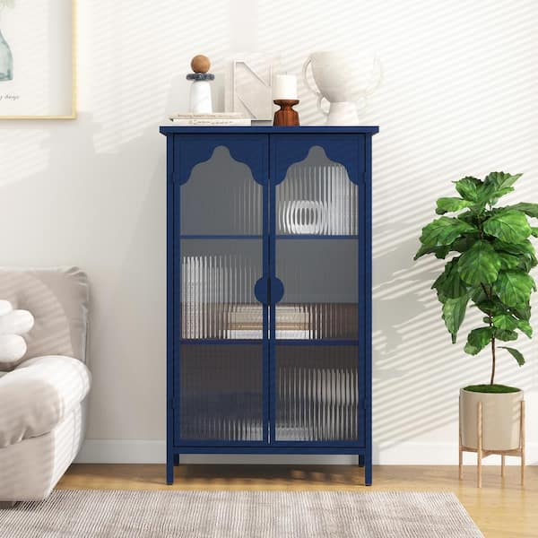 Tileon 2-Glass Door Metal Kitchen Sideboard Buffet Cabinet, Modern Display Cabinet with 3 Storage Shelves in Dark Blue