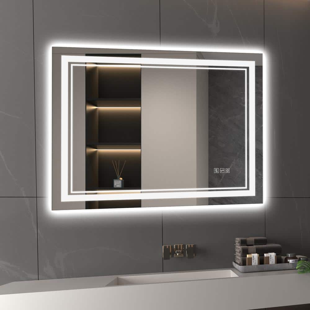 YULIKA Front Light and Backlit Mirror 36 in. W x 28 in. H Rectangular ...
